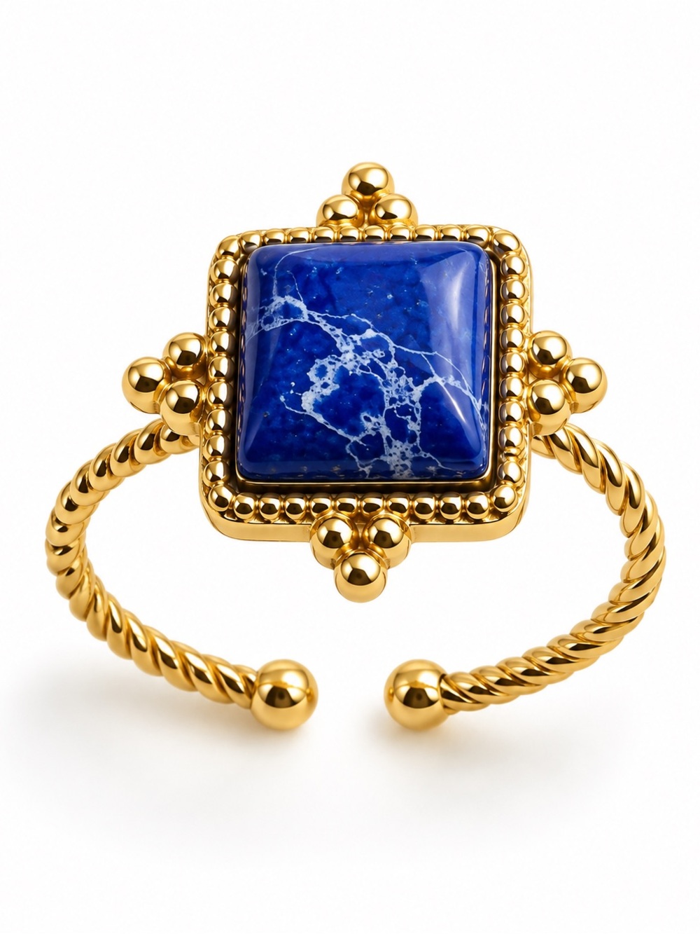 Gold-Plated Lapis Square Statement Cuff Ring Adjustable